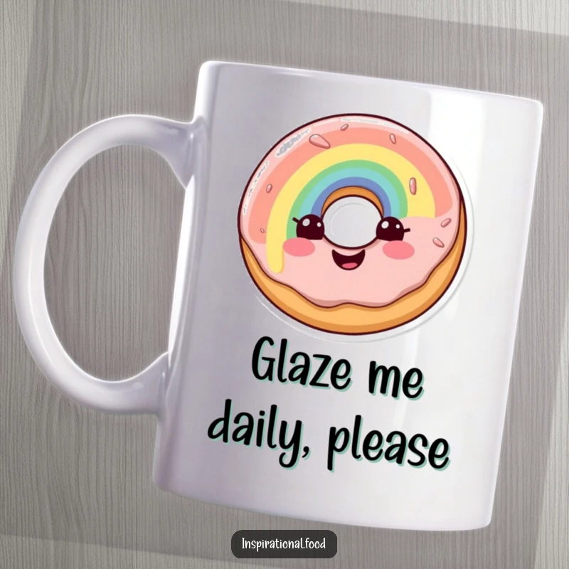 Funny mug featuring a jubilant doughnut character with vibrant rainbow glaze, spreading happiness with every sip.