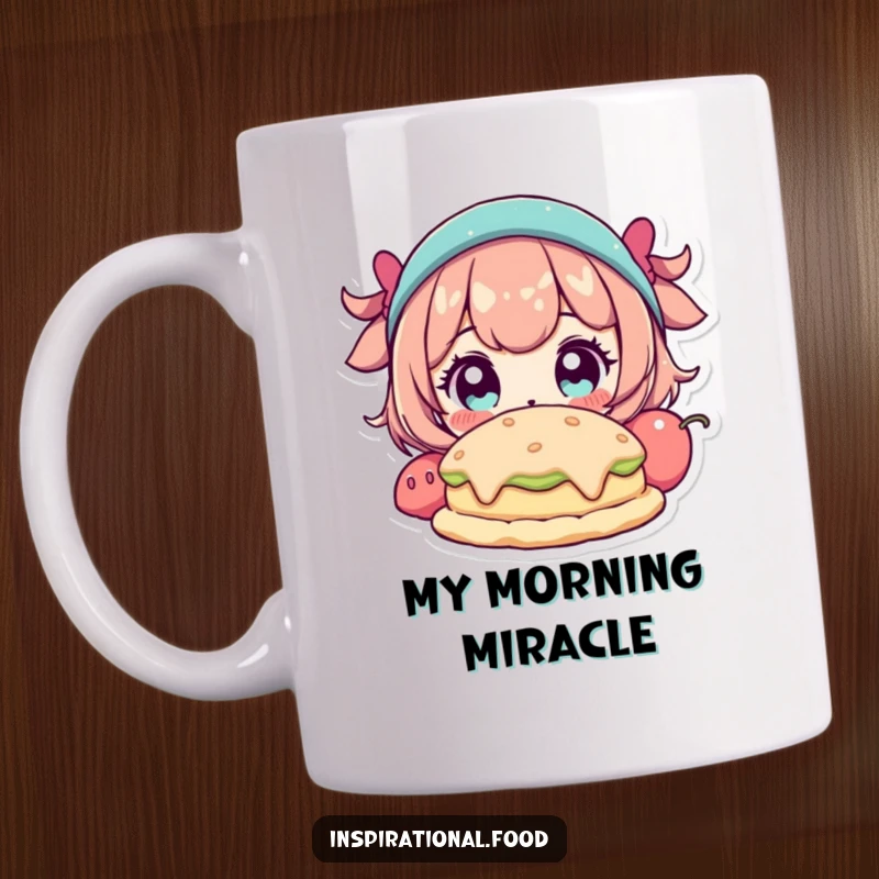 Funny mug featuring a character with wide, amazed eyes gazing at a spectacular, fantastical food creation with pure wonder.