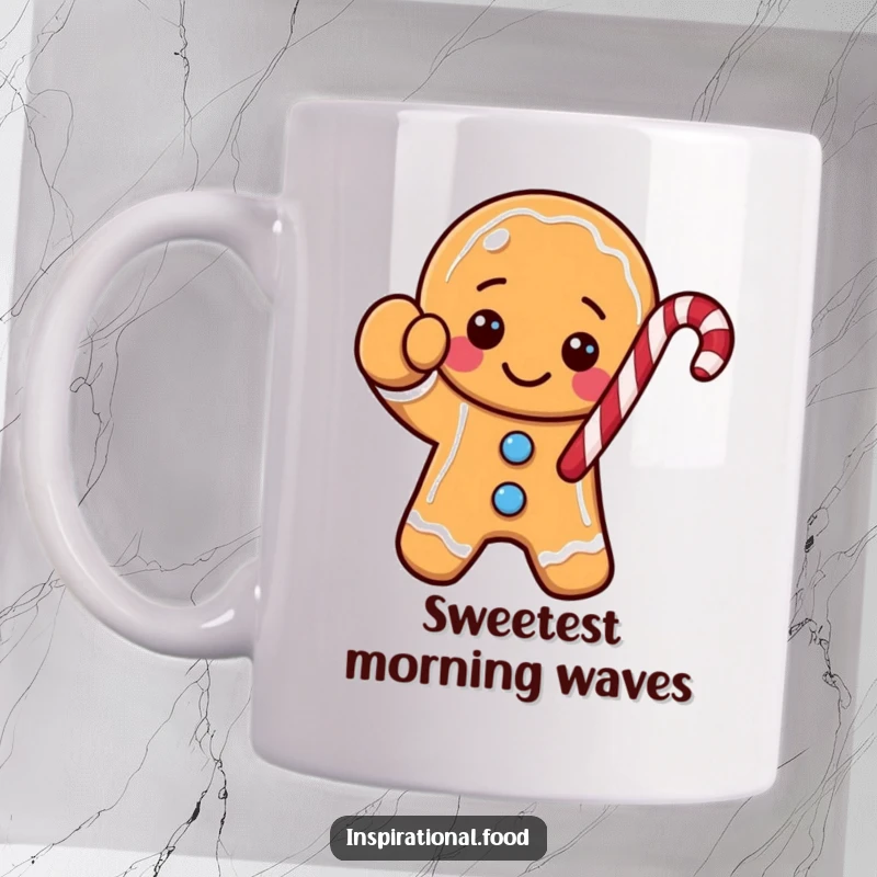 Funny gingerbread cookie character mug, joyfully waving a red and white striped candy cane arm, ready for a festive holiday.