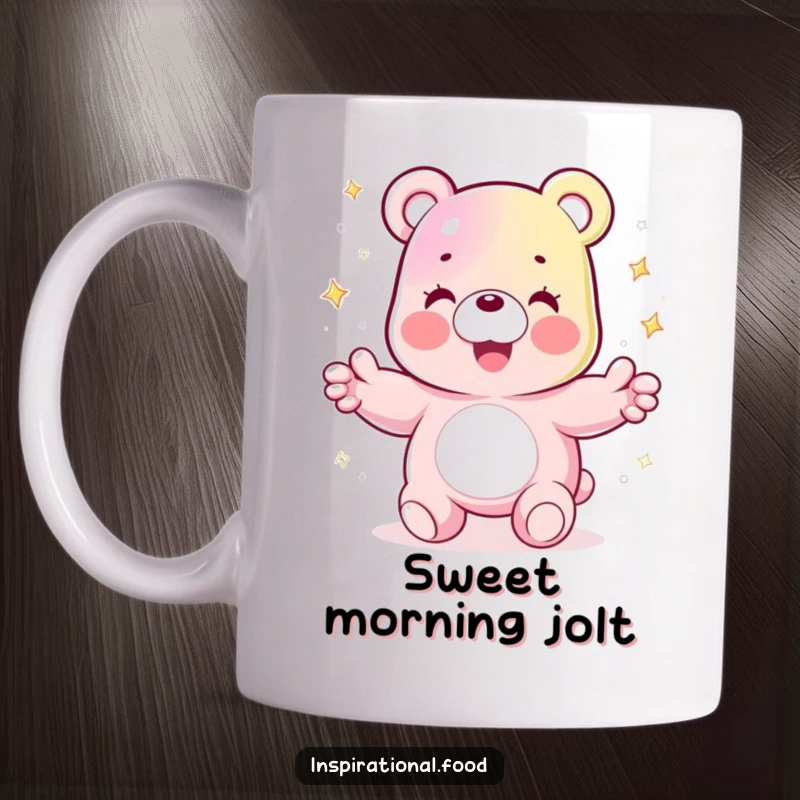 Funny mug featuring a joyful gummy bear character expertly juggling sparkling sugar crystals, radiating colorful, sweet fun.