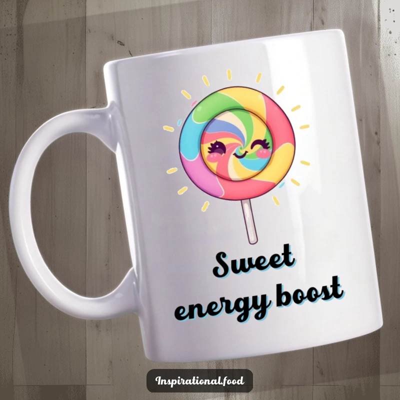 Funny lollipop character mug, spinning with vibrant colors and radiating creative energy, perfect for a fun and uplifting beverage break.