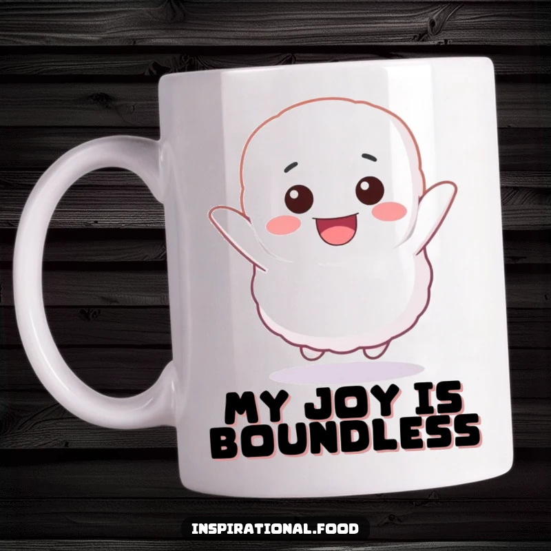 Funny mug featuring a fluffy marshmallow character joyfully bouncing with unbridled glee, capturing pure happiness in a sip.