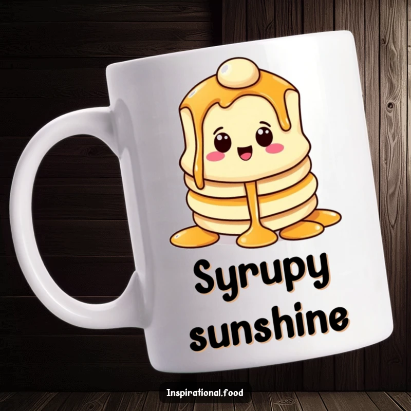 Funny mug with a beaming pancake character enjoying a generous syrup cascade, celebrating delicious breakfast humor.