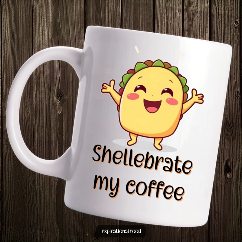 Funny cheerful taco in a proud celebratory pose with its shell open wide on a mug, radiating fiesta vibes.