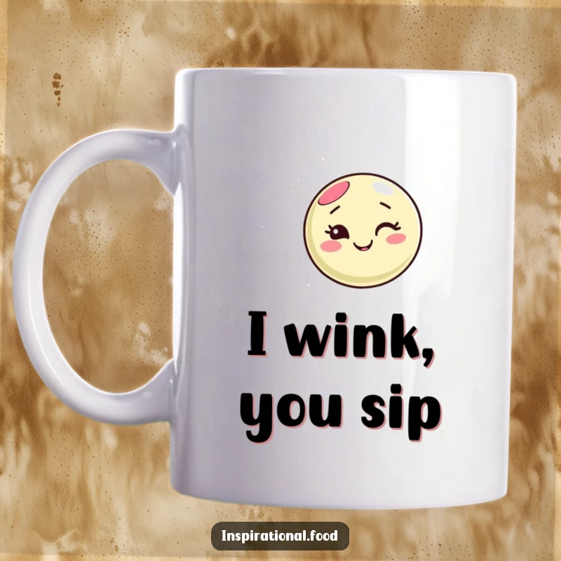 Funny macaron character mug, winking happily and creating a colorful swirling pattern, perfect for a sweet and humorous beverage experience.