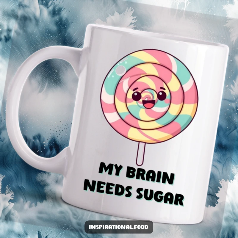 Funny Lollipop Mug featuring a happy, merrily spinning lollipop with a vibrant swirling pattern, evoking pure sugary delight.