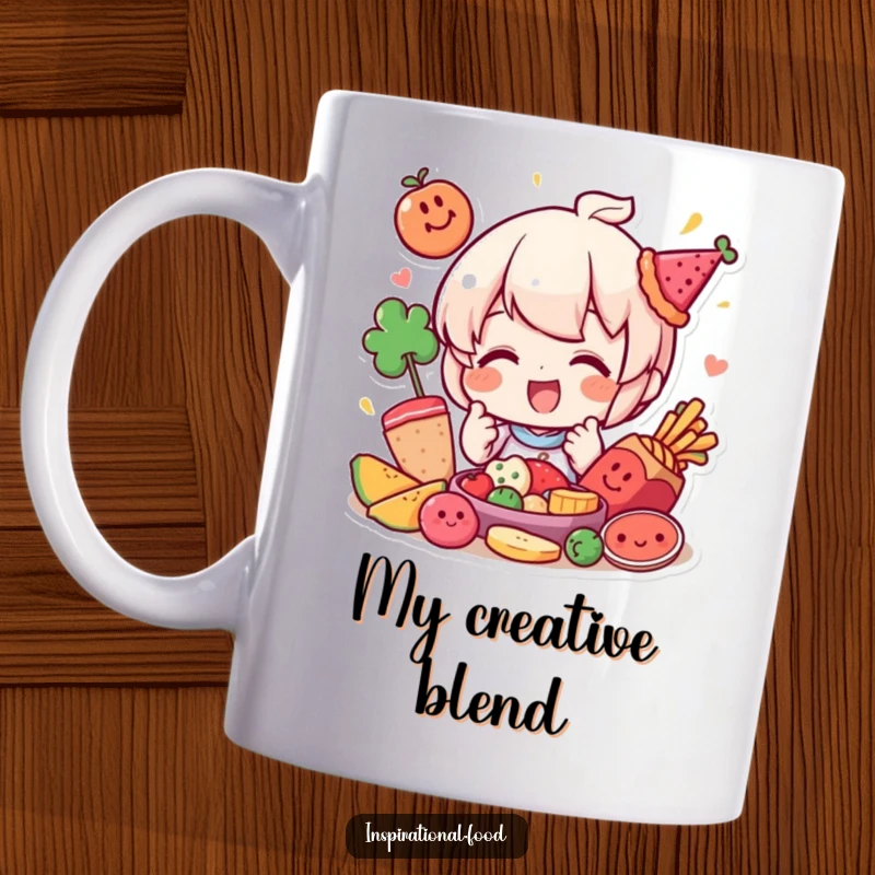 Funny mug featuring a happy character playfully arranging vibrant, colorful food elements with a joyful and creative expression.