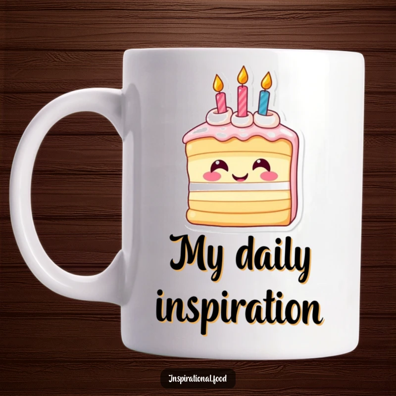 Funny mug with a smiling slice of birthday cake topped with candles, looking inspired and ready to celebrate.
