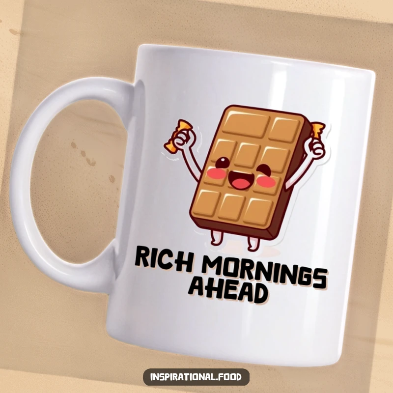 Funny chocolate bar mug with a beaming character proudly holding a golden wrapper aloft in a gesture of sweet victory.