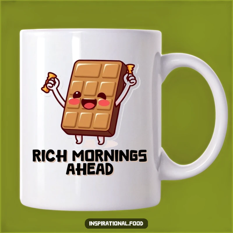 Funny Chocolate Bar Victory Mug: Beaming Character with Golden Wrapper, Perfect Funny Gift
