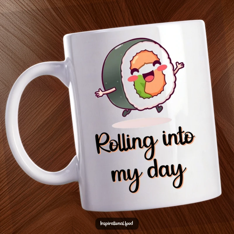 Funny delighted sushi roll with tiny legs happily skipping on a mug, radiating pure joy and deliciousness.