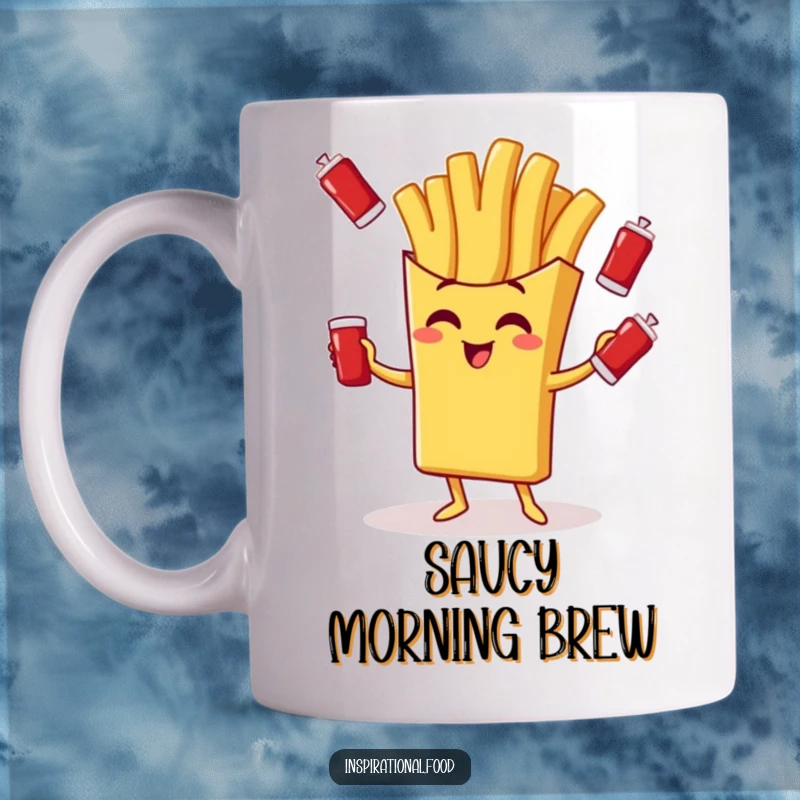 Funny mug with a giggling french fry character expertly juggling tiny ketchup packets, celebrating fast food humor.