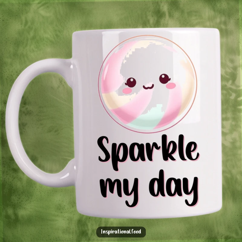 Funny Mug: A beaming piece of hard candy with a shimmering surface, exuding happiness and sparkle.