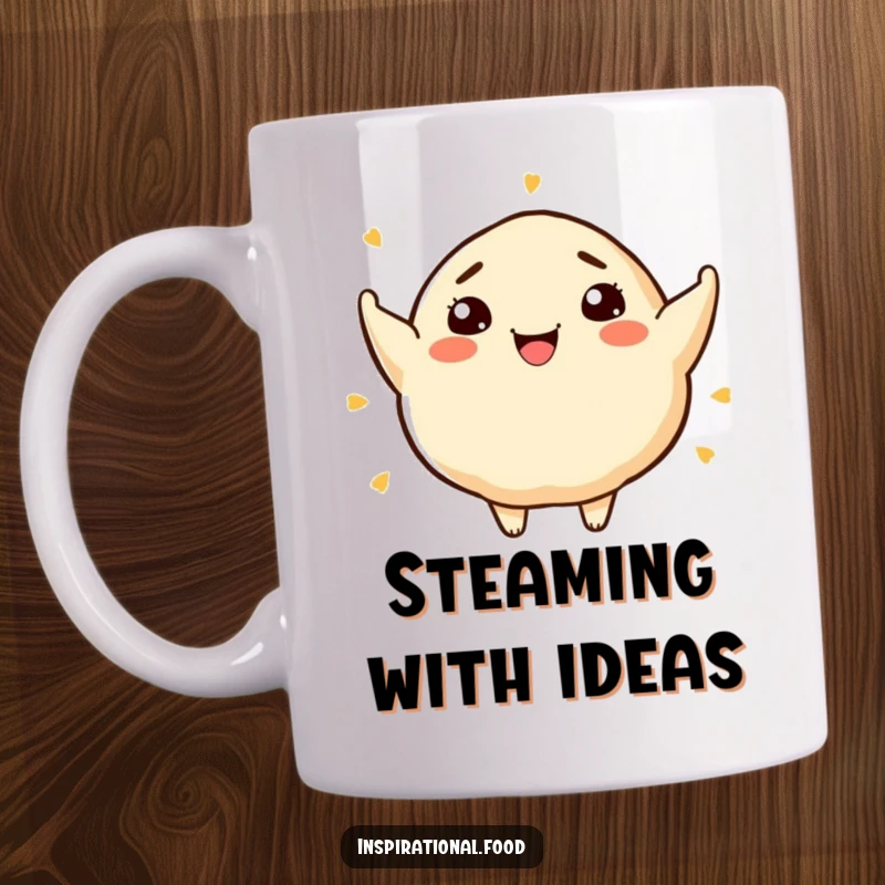 Funny mug with a smiling dumpling character creatively brainstorming artistic food concepts, celebrating culinary imagination.