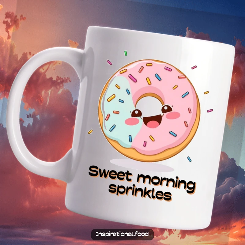 Funny mug with a happy donut character, featuring a swirl design, giggling while being showered in colorful sprinkles.