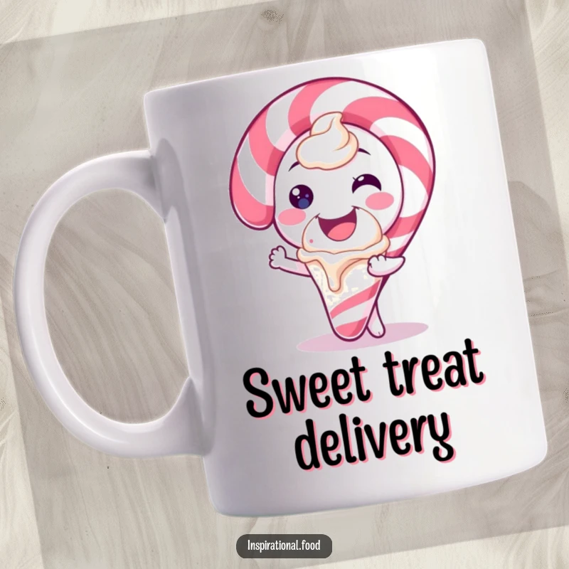 Funny mug featuring a candy cane character smiling widely and offering a scoop of ice cream, symbolizing sweet generosity.
