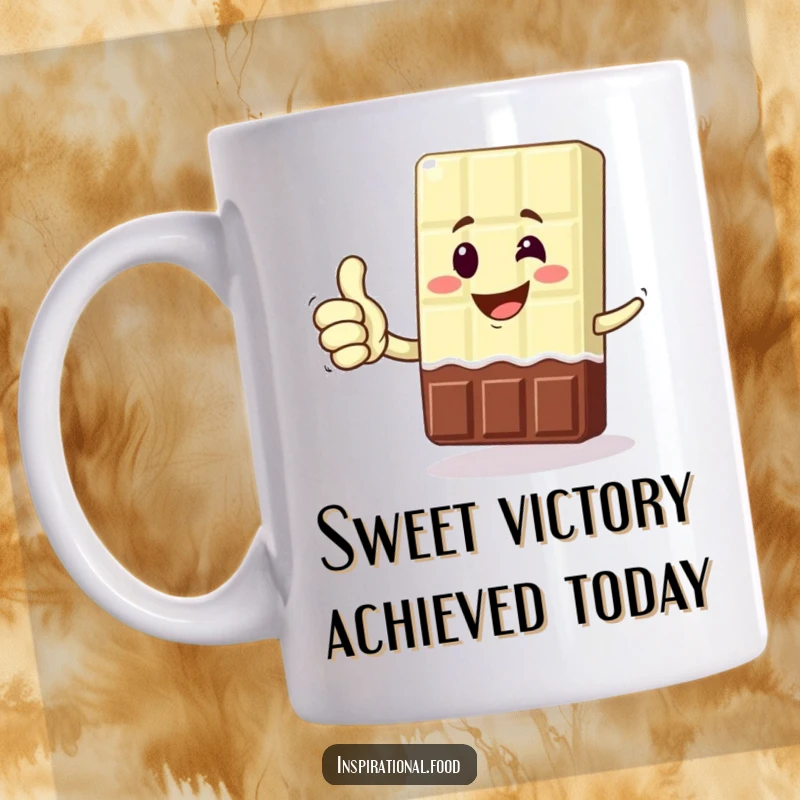 Funny mug featuring a grinning chocolate bar character giving a victorious thumbs up, celebrating success with a sweet smile.