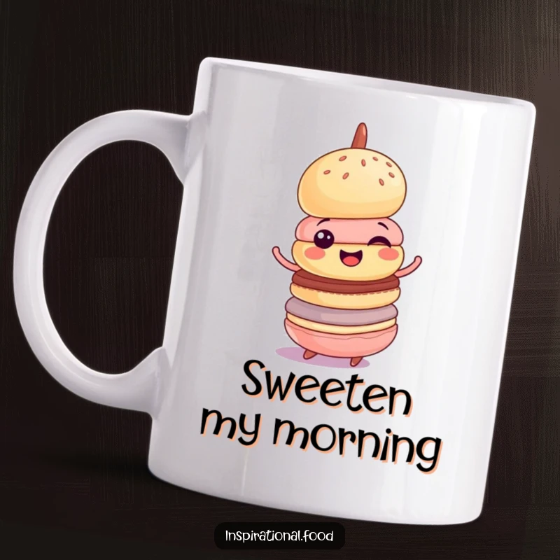 Funny mug depicting a cheerful macaron tower in a delighted, wobbly spin, celebrating sweet treats and joyful moments.