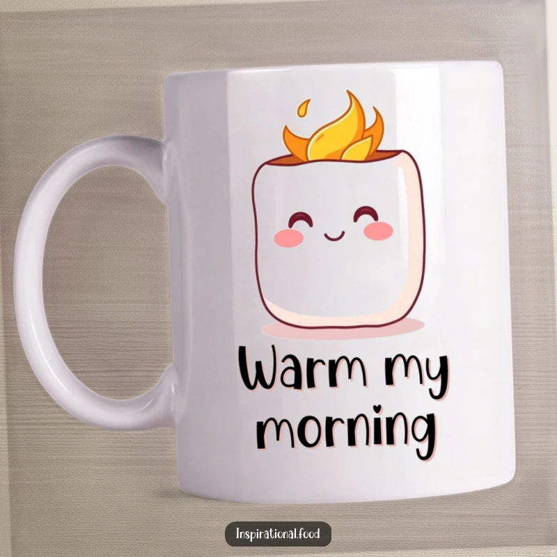 Funny Mug: A cheerful marshmallow with a rosy blush being toasted, exuding warmth and a cute, happy vibe.