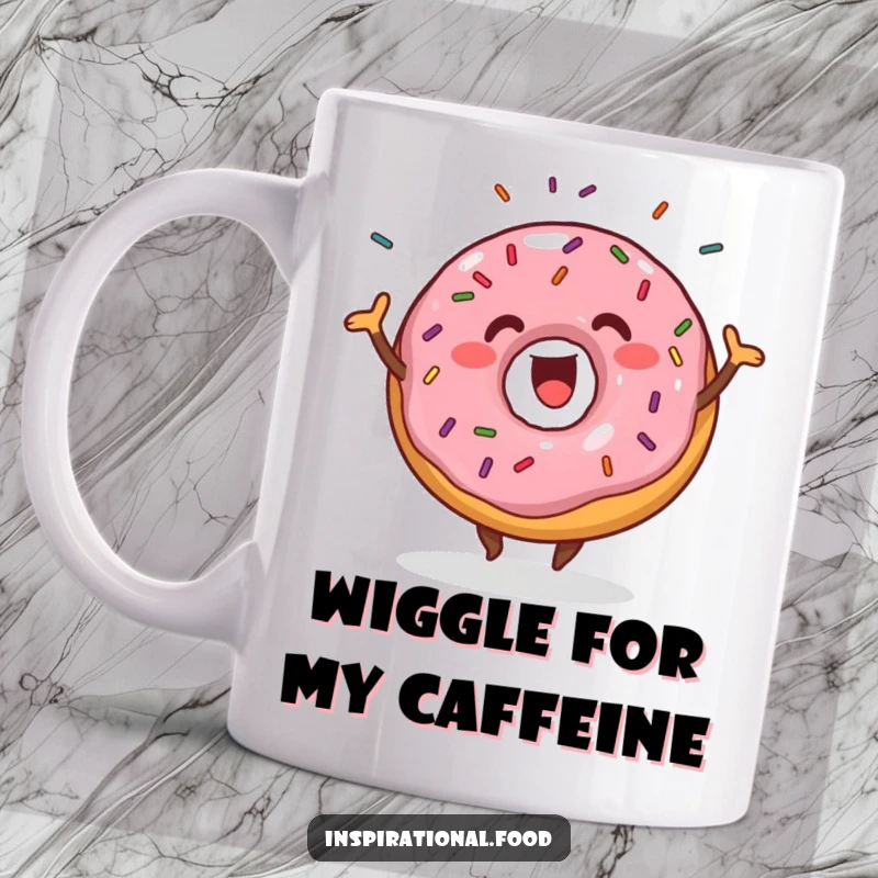 Funny enthusiastic donut doing a happy wiggle with sprinkles shaking off on a mug, a joyful and sweet treat.