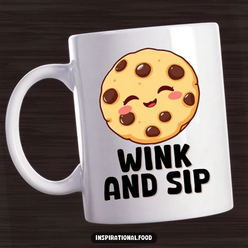 Funny mug featuring a delighted chocolate chip cookie winking playfully, a charming and humorous addition to your kitchen.