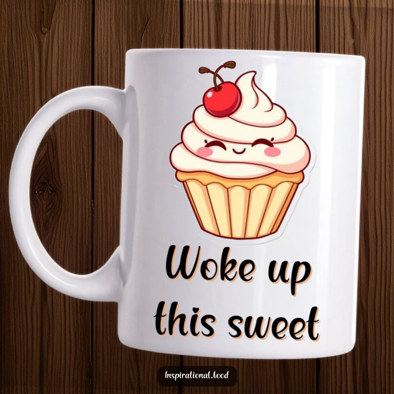 Funny cupcake mug featuring a plump character with a cherry, giving a playful wink for a sweet and humorous touch.