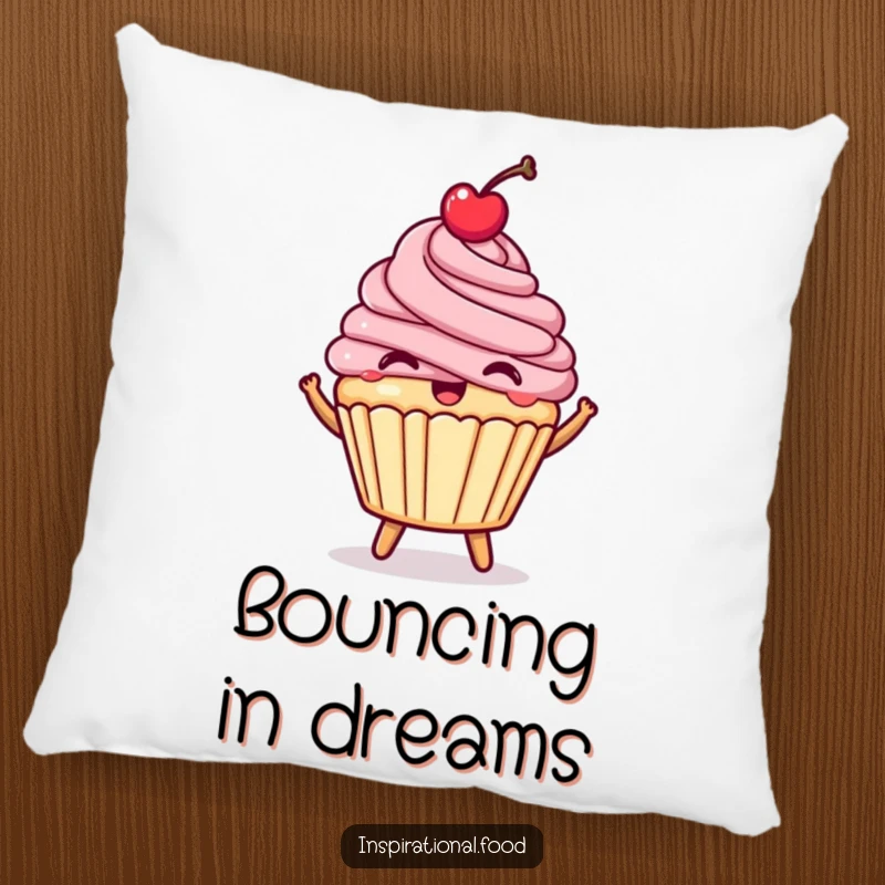 Funny happy cupcake pillow, a bouncing dessert with a cherry, soft and cute cushion.