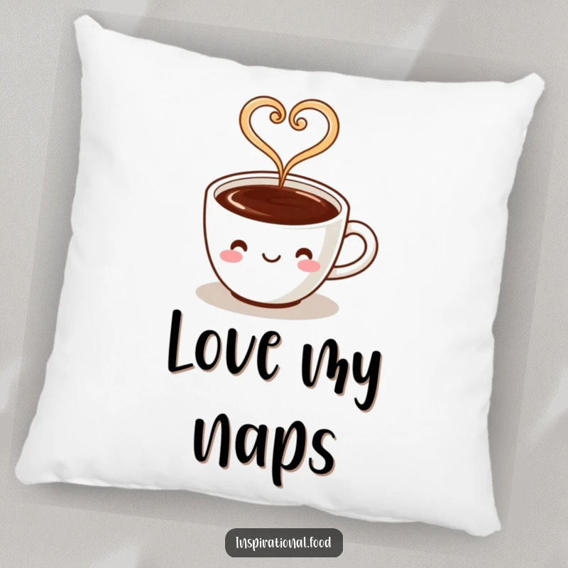 Funny pillow featuring a coffee cup character with steam forming a heart, perfect for adding warm comfort and love.