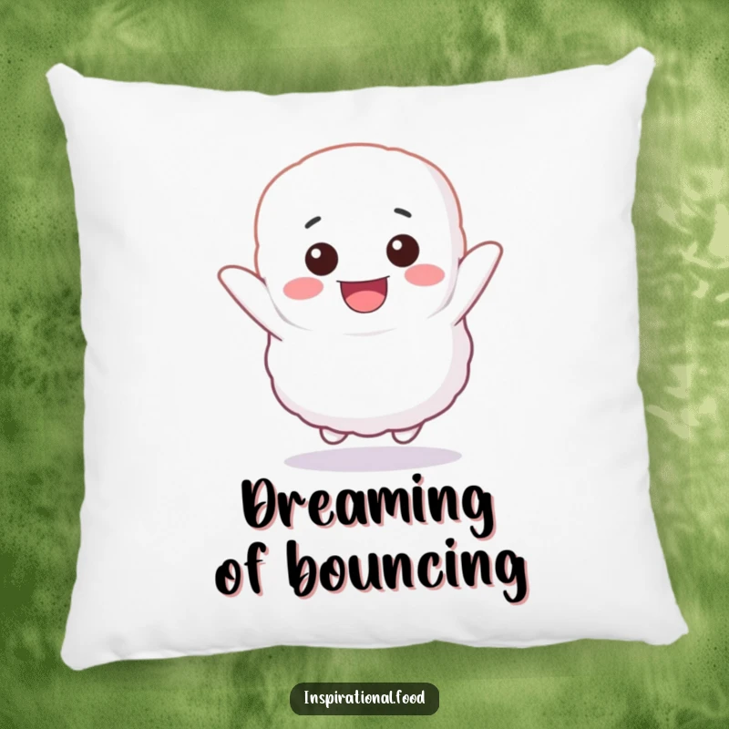 Funny pillow featuring a fluffy marshmallow character bouncing with glee, providing soft, comforting support and a cheerful vibe.