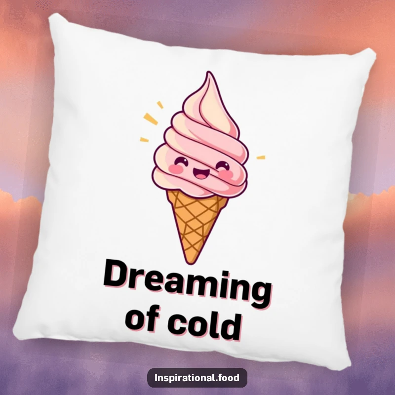 Funny decorative pillow featuring a jubilant ice cream cone swirling with excitement, perfect for adding cool charm.