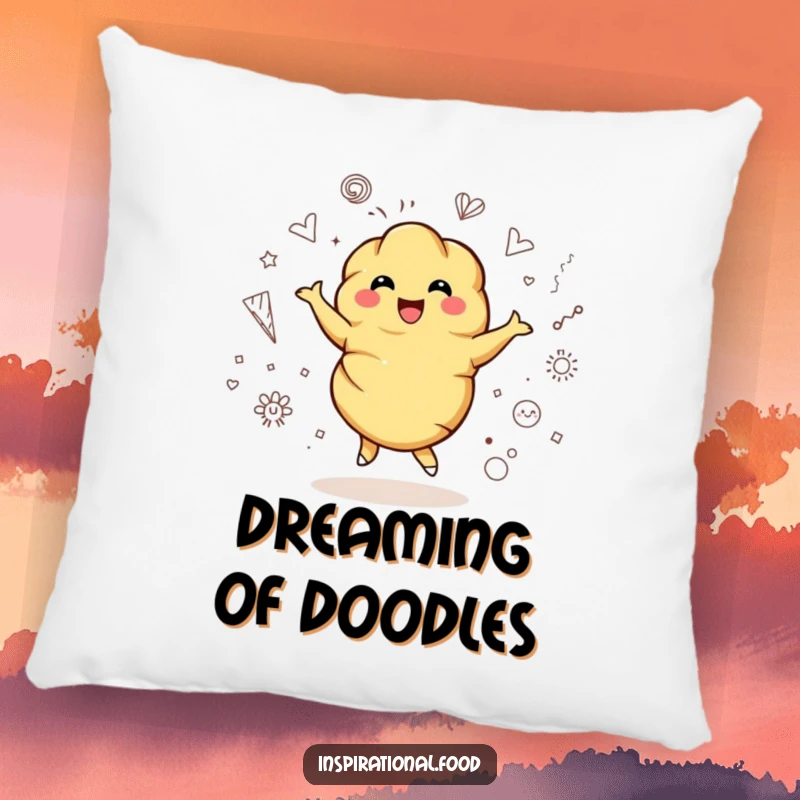Funny pillow featuring a bubbly croissant character joyfully twirling surrounded by artistic doodles, for a cozy and creative space.