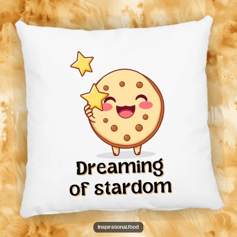 Funny pillow with a joyous cookie character holding a star of inspiration, providing comfort and a motivational decorative touch.