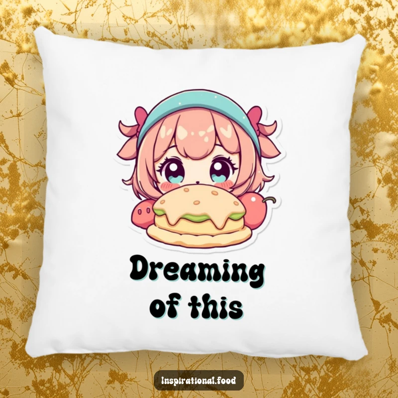 Funny pillow featuring a character with wide eyes gazing at a fantastical food creation, perfect for comfortable dreaming.