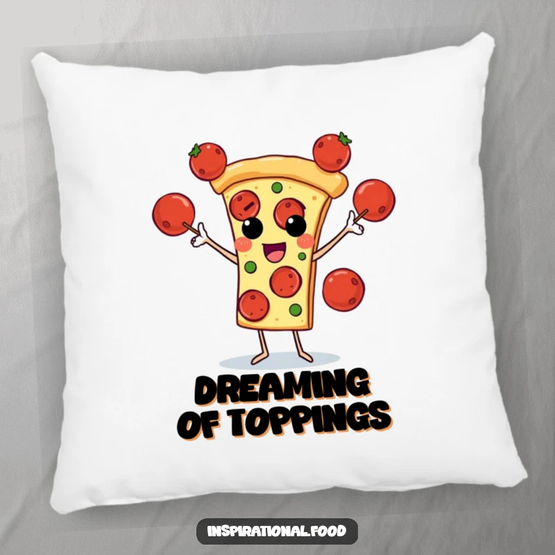 Funny pillow showcasing a pizza slice character skillfully juggling pepperoni, offering comfort and a dose of cheesy humor.