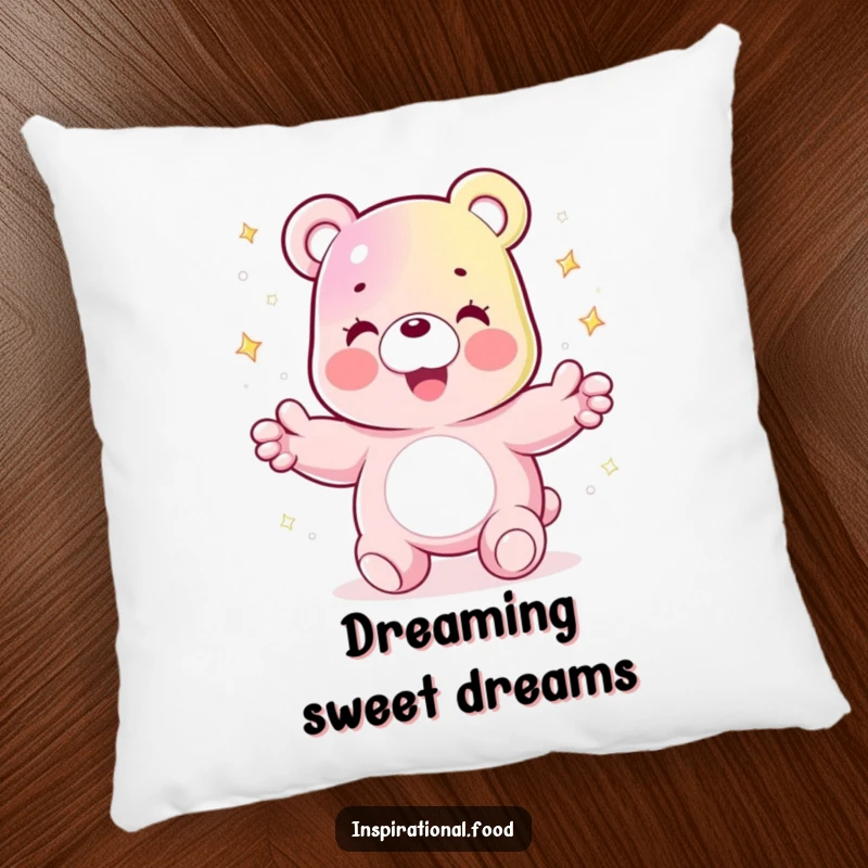Funny pillow featuring a joyful gummy bear character juggling sparkling sugar crystals, offering soft, sweet, humorous comfort.