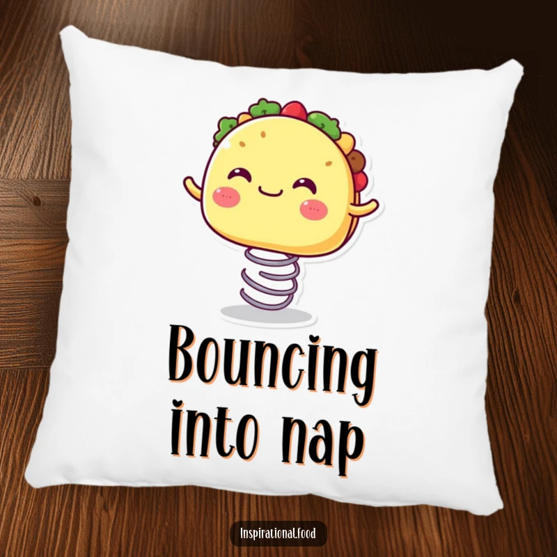 Funny pillow with a joyful taco character with a wide, happy mouth, bouncing on a spring for humorous comfort.