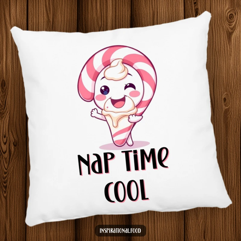 Funny pillow featuring a candy cane character with a wide smile offering a scoop of ice cream, perfect for festive decor.