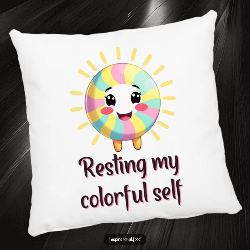 Funny pillow featuring a smiling candy character radiating vibrant, colorful energy, offering plush comfort and a cheerful touch, a great funny gift.