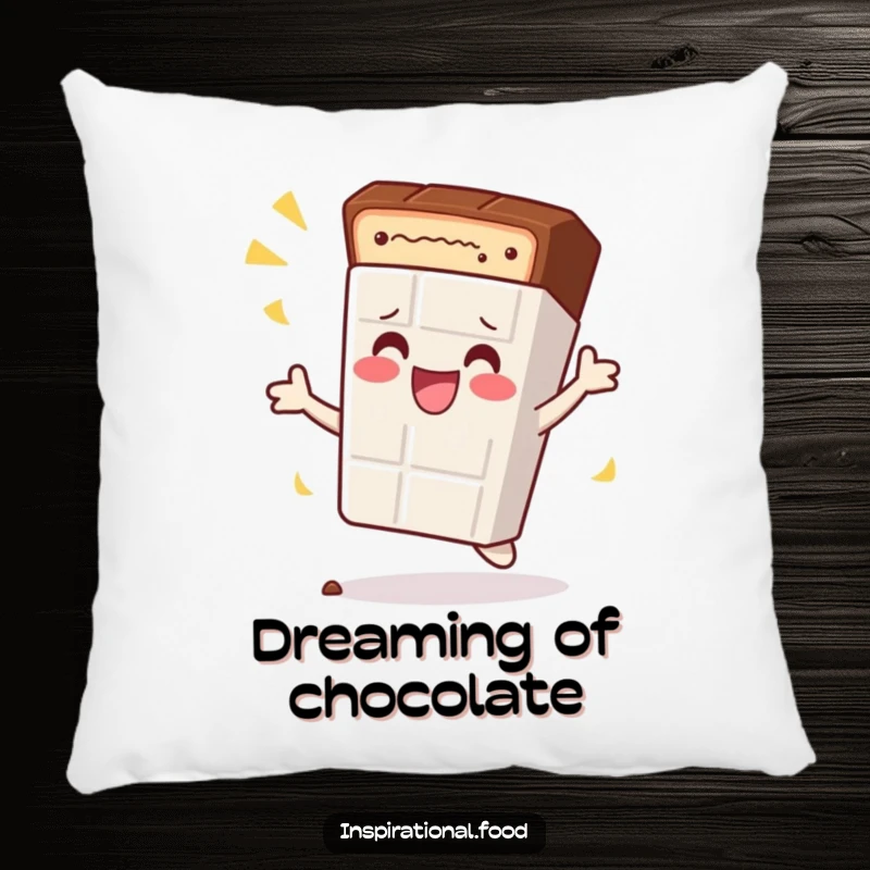 Funny pillow featuring a content chocolate bar character doing a celebratory spin, offering soft, sweet, humorous comfort.