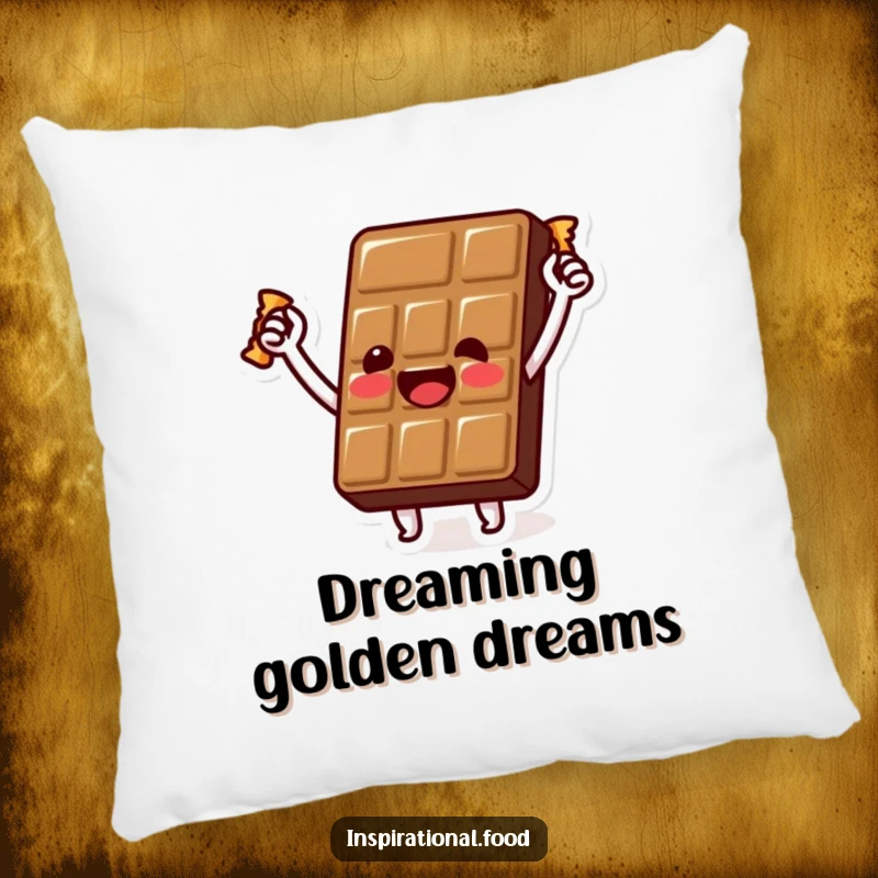 Funny chocolate bar pillow with a beaming character holding a golden wrapper aloft, offering comfort and a sweet, triumphant vibe.