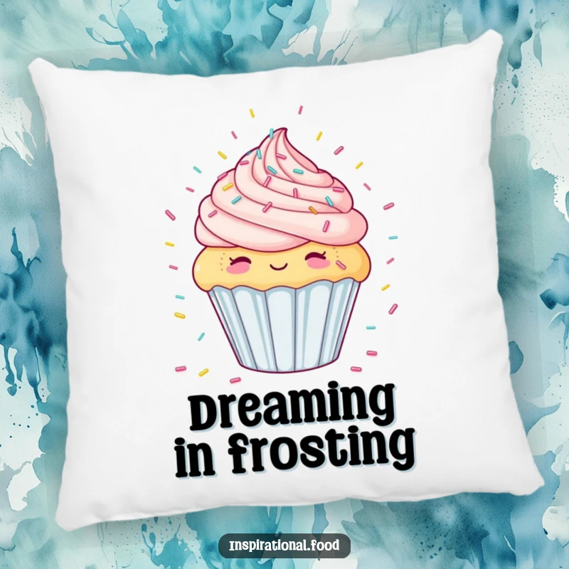 Funny pillow featuring a delighted cupcake imagining a colorful candy sprinkle shower, offering comfort and a sugary smile.