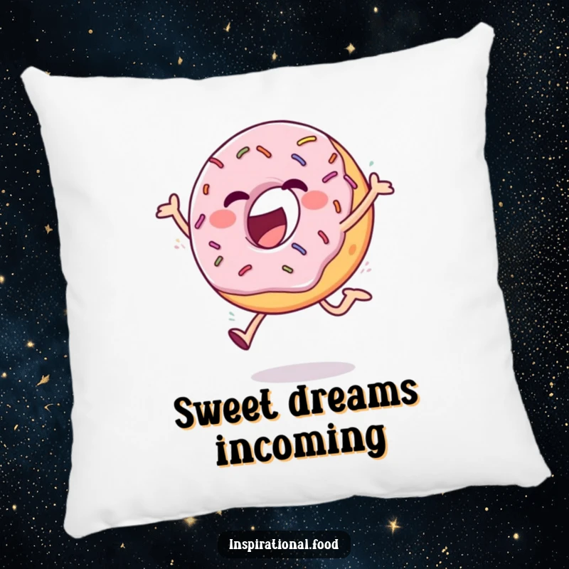 Funny pillow showcasing an ecstatic donut with sprinkles in a cheerful leap, designed for comfort and laughter.