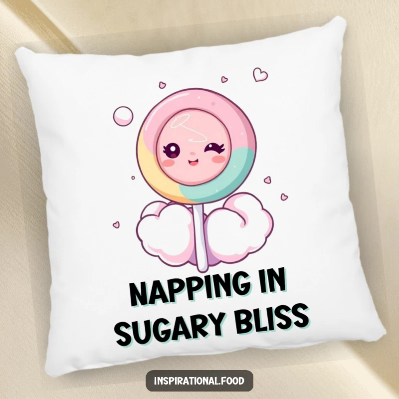 Funny pillow featuring a dreamy lollipop character resting on a fluffy cotton candy cloud, adding sweet comfort and whimsical decor.