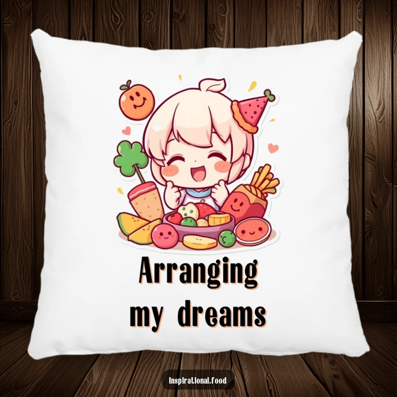 Funny pillow showcasing a happy character playfully arranging colorful food elements, designed for comfort and visual delight.