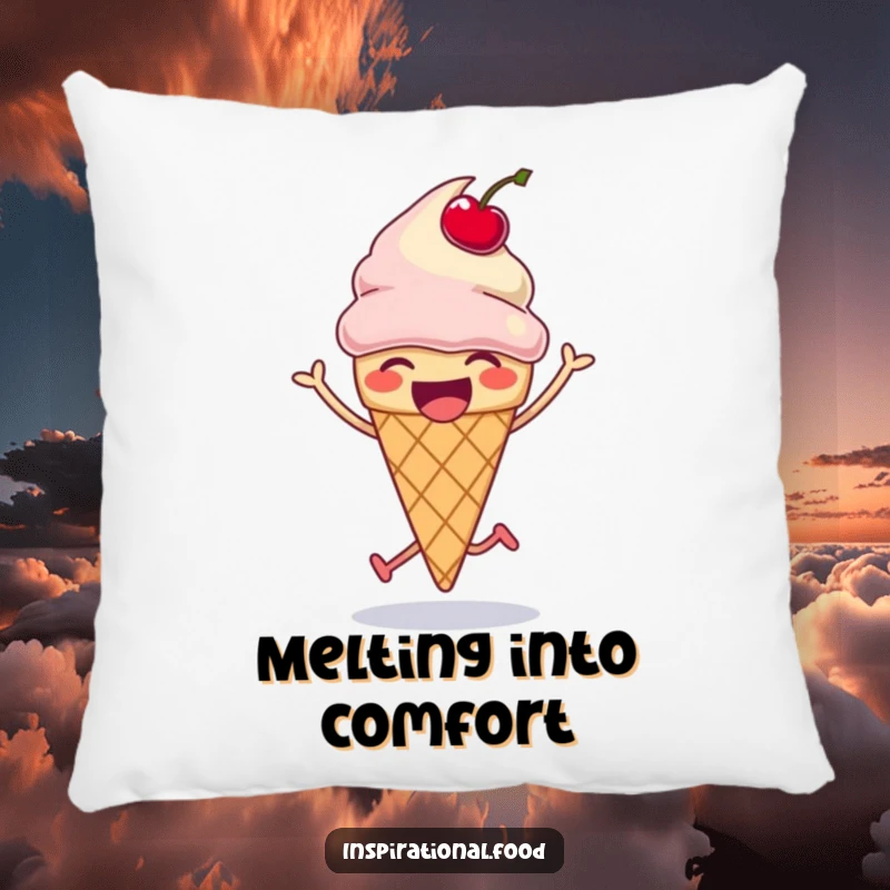 Funny ice cream cone pillow, laughing and doing a silly hop with a bouncing cherry, soft and decorative, funny gift.