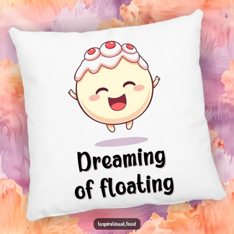 Funny pillow featuring a round cake character levitating with delight, providing soft comfort and a touch of sweet, magical charm.