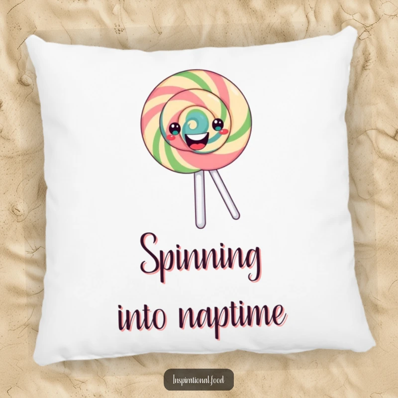Funny lollipop pillow featuring a happy, merrily spinning swirl design, adding a soft and humorous candy accent to any cushion.