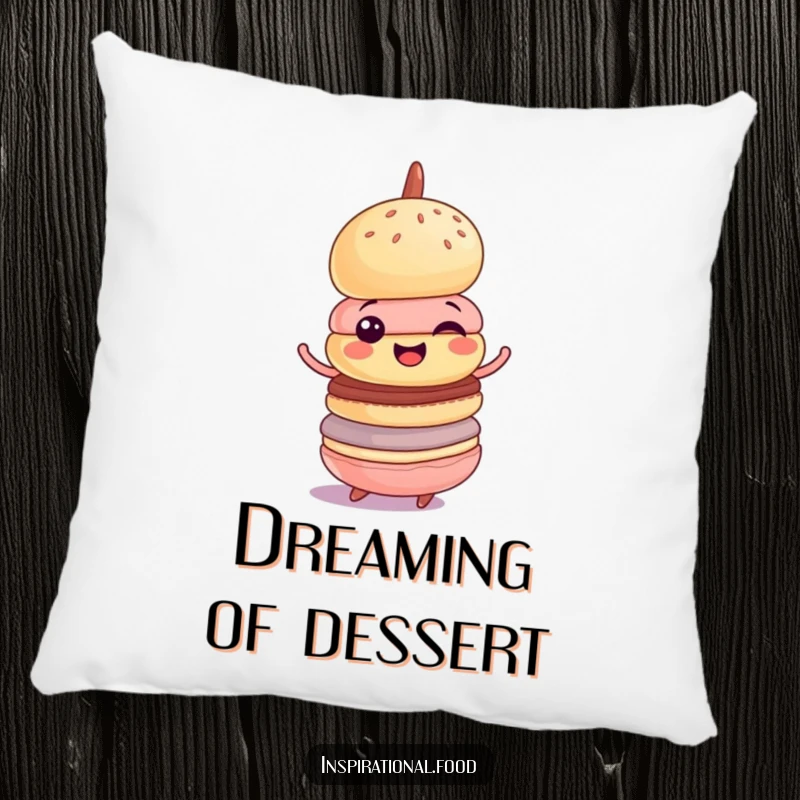 Funny pillow featuring a cheerful macaron tower in a happy, wobbly spin, offering cozy comfort with a humorous dessert theme.