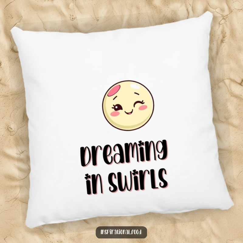 Funny macaron character pillow, winking cheerfully, surrounded by colorful swirling patterns, providing comfort and a touch of whimsical sweetness.