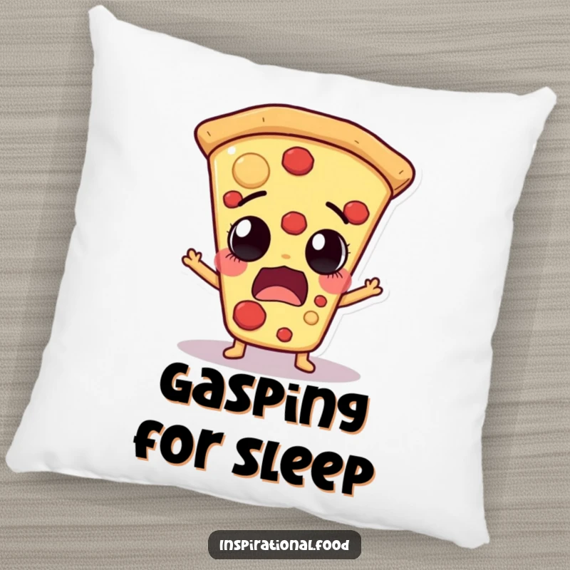 Funny pizza slice character with an astonished, gasping expression on a soft accent pillow, bringing pizza humor to any room.